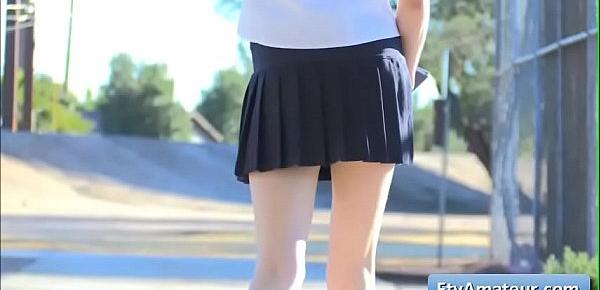  Naughty blonde schoolgirl Kristen finger fuck her pussy outdoor on a bench